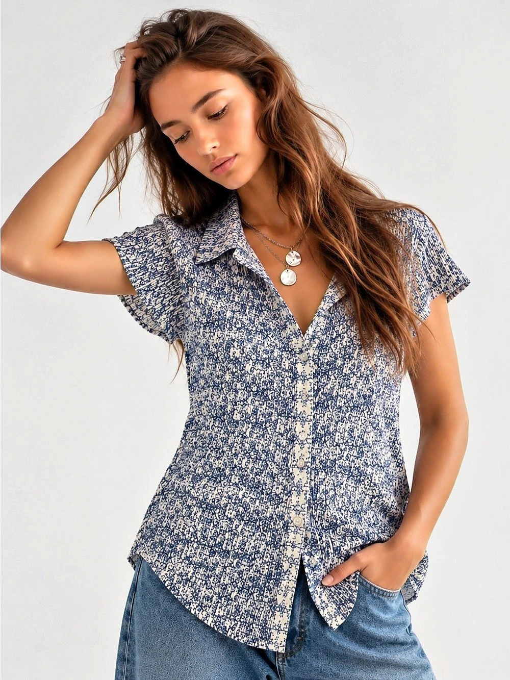 412. Marks & Spencer Navy Mix T43 07432/2562 Abstract Print Collared Blouse UK 2